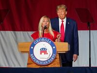 Former U.S. President and Republican presidential candidate Donald Trump and U.S. Rep. Marjorie Taylor Greene (R-GA) attend the Georgia Republican Party convention in Columbus, Georgia, U.S. June 10, 2023.