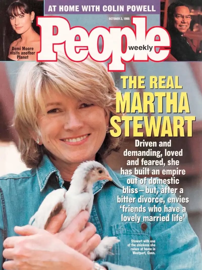 Martha Stewart wears a denim jacket and holds a duck on her People magazine cover for the October 2, 1995, issue.