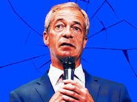 Illustration of Nigel Farage on a broken blue background