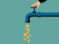 A photo illustration of a faucet trickling out coins.
