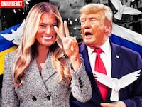 Melania Trump. A photo illustration of Melania Trump, Ukraine flag, Russia flag, white doves, and war destruction in Ukraine for TDB Podcast.