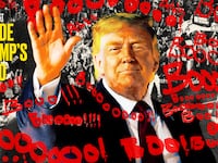 A photo illo illustration of Donald Trump and the Knicks Spurs basketball game and boos for Inside Trump's Head.