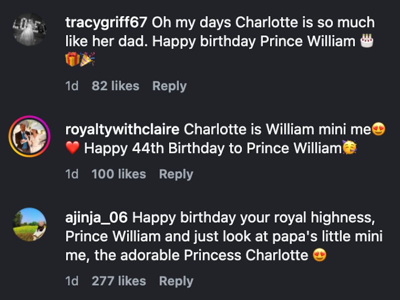 Comments recognize Prince William and Princess Charlotte’s lookalike appearances on an Instagram post for Father’s Day and William’s Birthday.