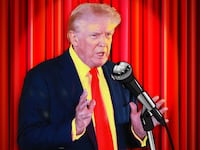 A photo illustration of Donald Trump doing stand up comedy.