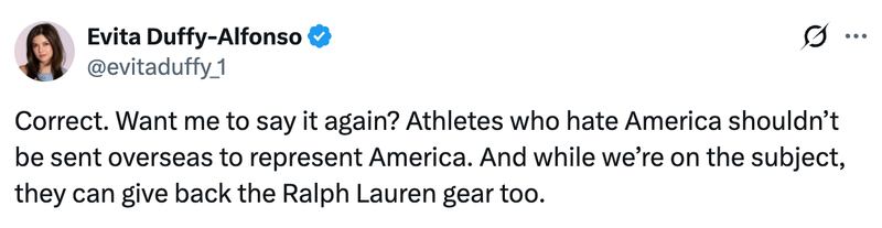 A post on X by Evita Duffy-Alfonso defending her remarks on Newsmax, calling for a screening of U.S. Olympic athletes.