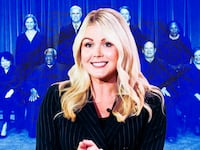A photo illustration of Karoline Leavitt and the Supreme Court justices.