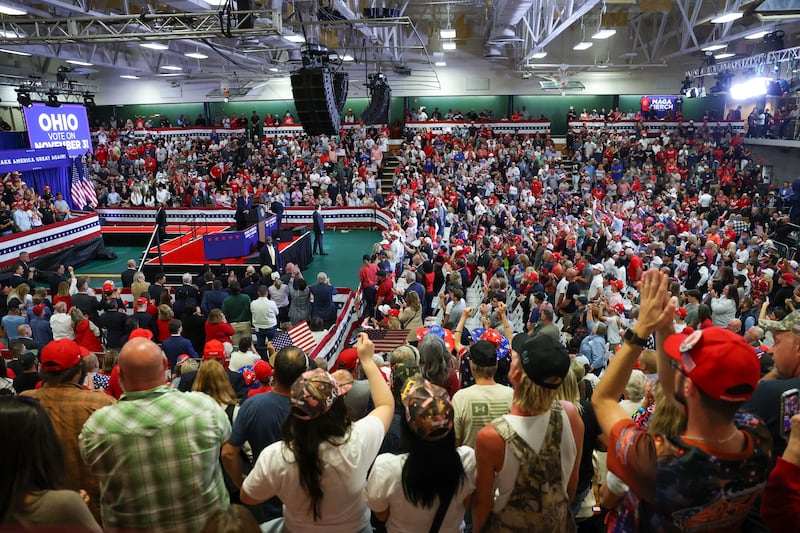The crowd watches as U.S. President Donald Trump speaks on stage during a campaign rally at the Shoemaker Center at Ohio University on October 28, 2026 in Chillicothe, Ohio. President Trump is rallying support for Republican candidates in Ohio ahead of the midterm elections.