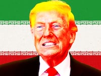 A photo illustration of Trump in front of an Iranian flag.