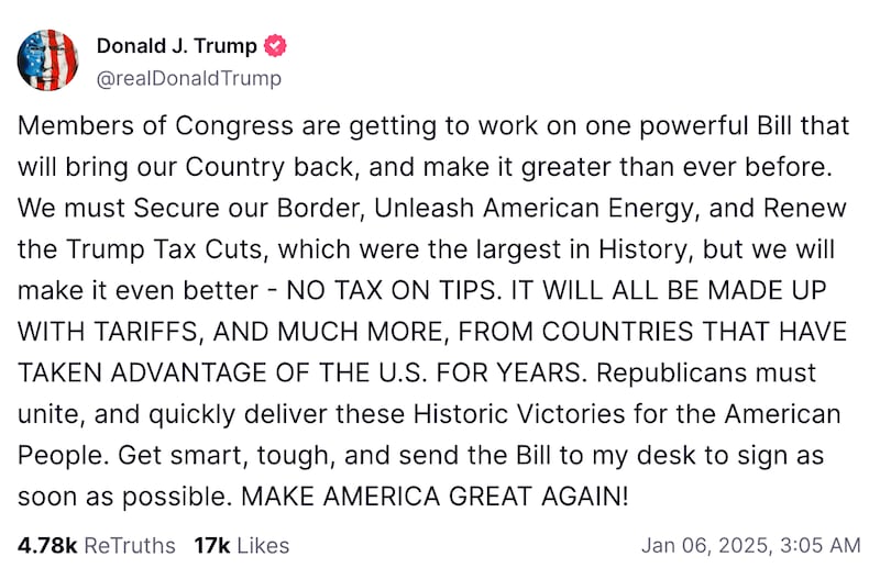 A post by President-elect Donald Trump on Truth Social.