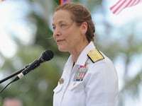 GUAM, GUAM - APRIL 07: Rear Admiral, U.S. Navy Shoshana S. Chatfield speaks during the SMS Cormoran II 100 Years Memorial Ceremony at U.S Agana Navy Cemetery on April 7, 2017 in Guam, Guam. Today commemorates the 100th Anniverary of the scuttling of the SMS Cormoran II in Apra Harbour. A bell was rung a 8:03 am the time of the scuttling on April 7th 1917. The SMS Cormoran laid at 110 feet undisturbed until the Japanese military transport ship the Tokai Maru was torpedoed and sunk by a US submarine making Apra Harbour the only place in the world where shipwrecks from two World Wars touch. (Photo by Matt Roberts/Getty Images for GUAM VISITORS BUREAU)