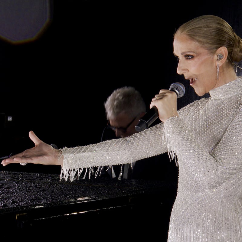 Celine Dion performing on the Eiffel Tower during the opening ceremony of the Paris 2024 Olympic Games