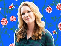 A photo illustration of author Sarah J. Maas and a background of red roses.