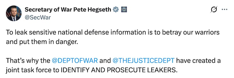 Pete Hegseth foreshadows his sweeping investigation into leaks at the Pentagon on X.
