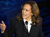 US Vice President and Democratic presidential candidate Kamala Harris speaks during a presidential debate with former US President and Republican presidential candidate Donald Trump