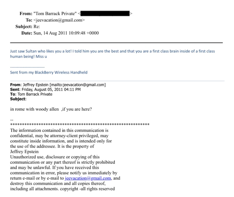 A 2011 email correspondence between Barrack and Epstein.