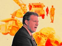 Photo illustration of New Hampshire Governor Chris Sununu, refugees fleeing Nagorno-Karabakh, and mining operations.