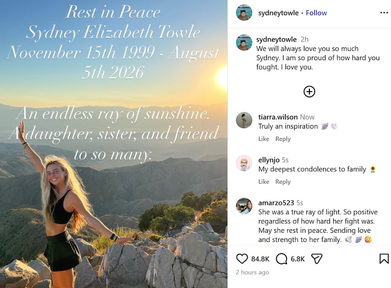 Sydney Towle's family announced her death on her social media.