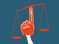 Illustration of an adapted and weighted scales of justice using a #1 MAGA fan foam finger to balance on