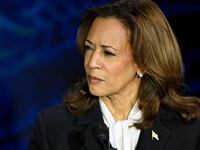 US Vice President Kamala Harris gestures as Donald Trump speaks during a presidential debate at the National Constitution Center in Philadelphia.
