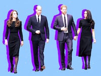A photo illustration of Catherine, Princess of Wales, Prince William, Prince of Wales, Prince Harry, Duke of Sussex, and Meghan, Duchess of Sussex .
