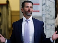 Donald Trump Jr. speaks as he leaves a courtroom onNovember 13, 2023 in New York City.