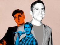 A photo illustration of Matthew Lopez with the cast of Red, White and Royal Blue.