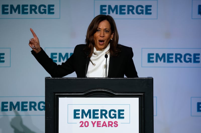 SAN FRANCISCO, CALIFORNIA - APRIL 30: Former U.S. Vice President Kamala Harris delivers a keynote address during the Emerge 20th Anniversary Gala at the Palace Hotel on April 30, 2025 in San Francisco, California. Kamala Harris delivered her first public speech since leaving office in January. (Photo by Justin Sullivan/Getty Images)