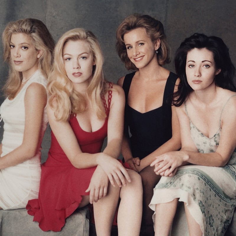 Actors Tori Spelling, Jennie Garth, Gabrielle Carteris, and Shannen Doherty of "Beverly Hills 90210" pose for a portrait in Los Angeles, California, September 1993.