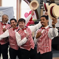 Domhnall Gleeson as Ned, Duane R. Shepard as Barry, Oscar Nuñez as Oscar, Alex Edelman as Adam, and Melvin Gregg as Detrick