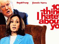 A photo illustration showing Donald Trump and Kamala Harris as the main characters in the 10 Things I Hate About You movie poster.