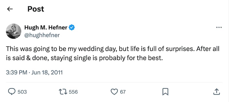 Hugh Hefner's tweet from the day his wedding to Crystal Harris was intended to take place