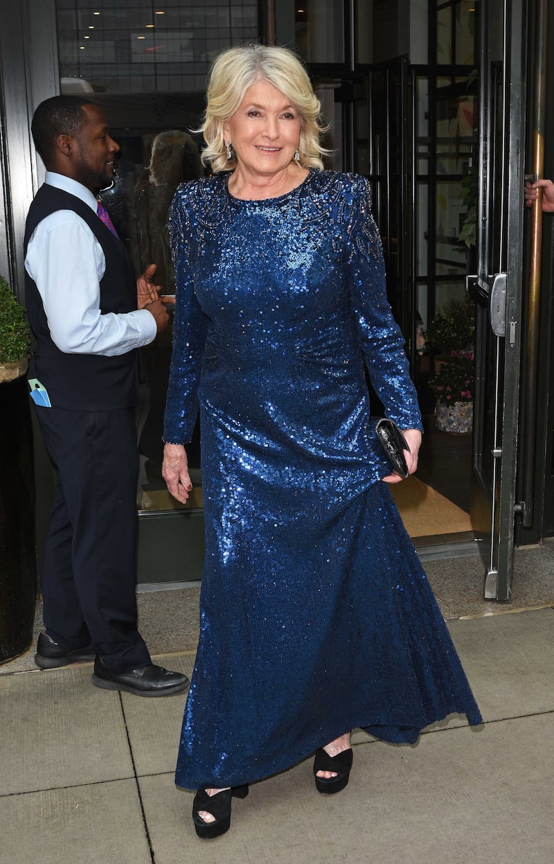 Martha Stewart wore a glittering blue gown and black platform heels for the gala on April 29, 2026, in New York City.