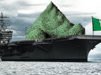 A photo including a U.S Navy boat, a pile of money, and an Italian Flag