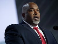 North Carolina Lt. Gov. Mark Robinson speaks on stage on the first day of the Republican National Convention