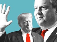 Photo illustration of former US president Donald Trump and former New Jersey governor Chris Christie on a blue background with red ties.