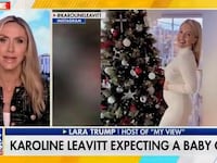 Lara Trump on Fox News, speaking beside an Instagram photo of a pregnant Karoline Leavitt.