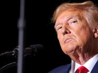 Former U.S. President and Republican presidential candidate Donald Trump pauses as he speaks at a campaign event in Council Bluffs, Iowa