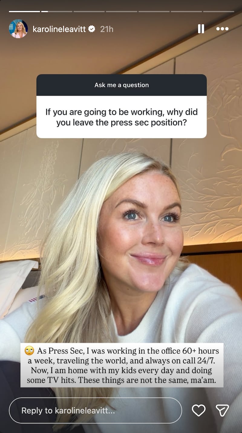 Karoline Leavitt responds to a question from a social media follower about why she left the White House.