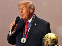U.S. President Donald Trump speaks as he receives the FIFA Peace Prize.
