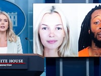 White House Press Secretary Karoline Leavitt speaks alongside a photo of Ukrainian refugee Iryna Zarutska, who was allegedly killed by Decarlos Brown Jr.