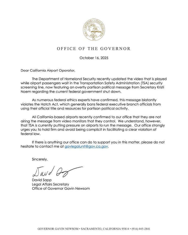 Newsom accused Noem of "blatantly" violating the Hatch Act.