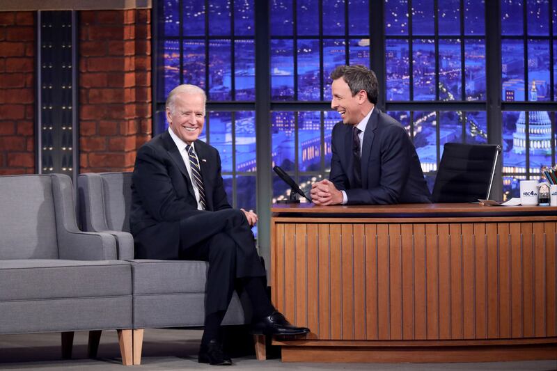 LATE NIGHT WITH SETH MEYERS -- Episode 0435 -- Pictured: (l-r) Vice President Joe Biden during an interview with host Seth Meyers on October 12, 2016 --