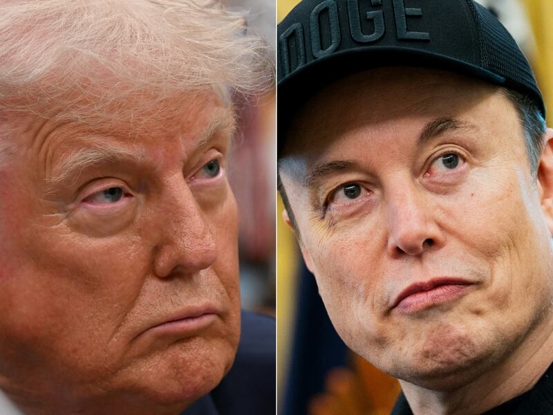 US President Donald Trump in the Oval Office of the White House, in Washington, DC, on May 5, 2025 and Elon Musk in the Oval Office