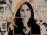 A photo illustration showing Elizabeth Helgelien in front of a collaged background including a map of Nevada.
