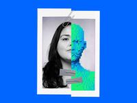 A photo illustration shows a picture of a human woman shoddily taped together with an AI humanoid