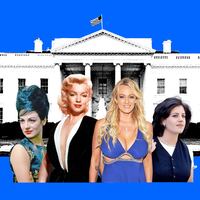 A photo illustration of Ellen Rametsch, Stormy Daniels, Marilyn Monroe, and Monica Lewisnky