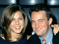 American actress Jennifer Aniston and Canadian-American actor Matthew Perry of the television comedy, Friend's, attend the 1995 NBC Fall Preview circa 1995 at the Lincoln Center in New York, New York.