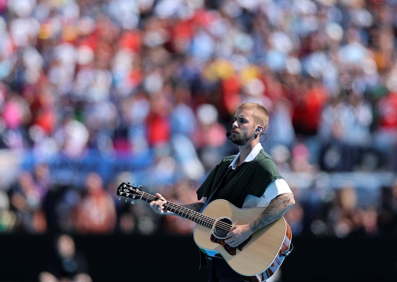 Singer Justin Bieber performs during the halftime of the final match between Spain and Argentina at the 2026 FIFA World Cup.