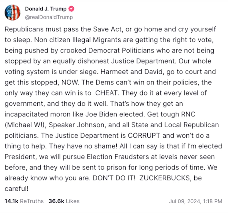 Screenshot/Donald Trump/Truth Social
