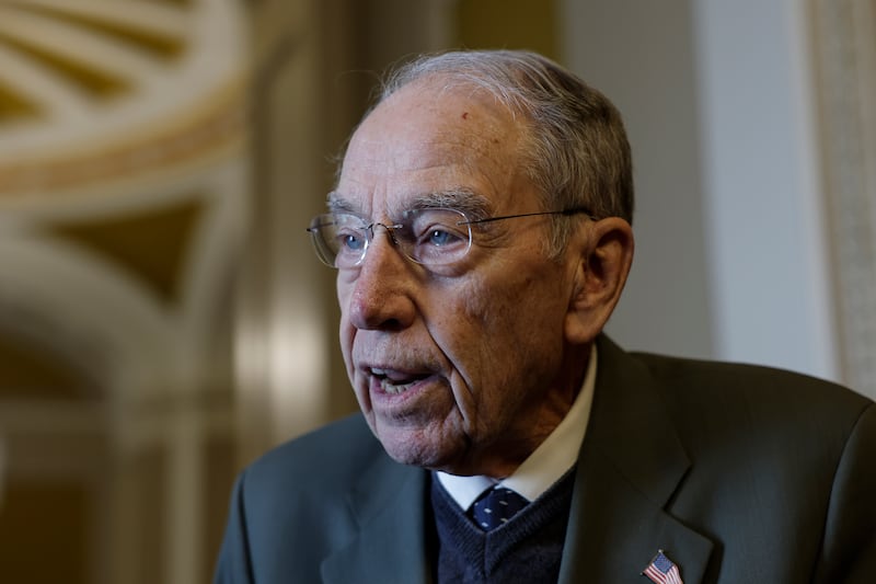 Sen. Chuck Grassley (R-IA) speaks with reporters outside of the Senate Chambers in the U.S. Capitol Building on March 14, 2023 in Washington, DC.